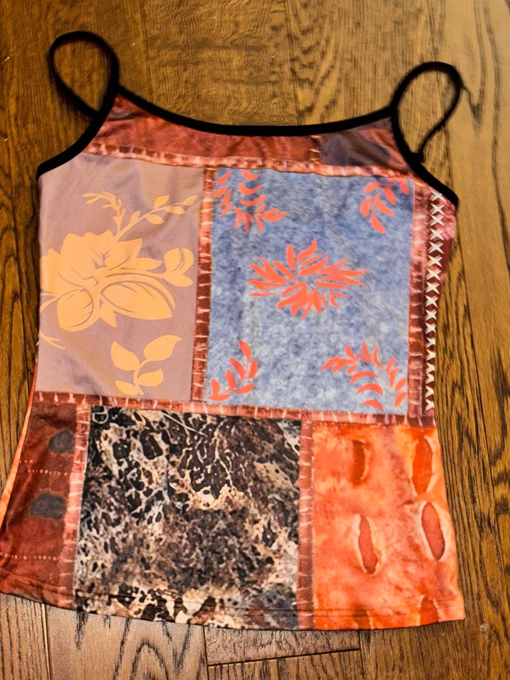 Patchwork Print Spaghetti Strap Cami Top - Orange Multi